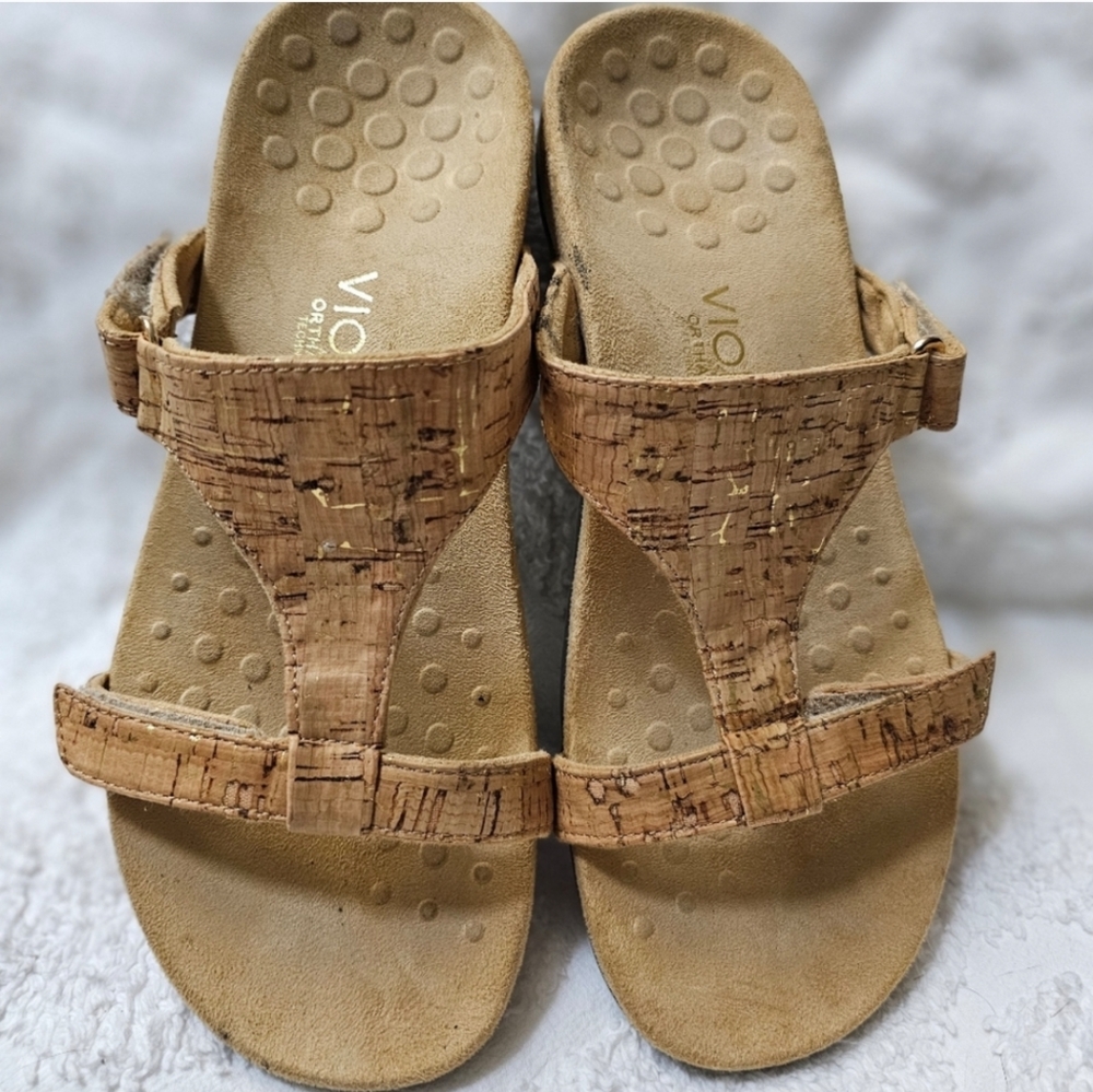 Vionic Alvery Subtle Gold Cork Adjustable Open Toe Orthoheel Walking Sandals